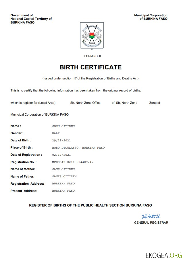 Modèle Word et PDF d'acte de naissance du Burkina Faso